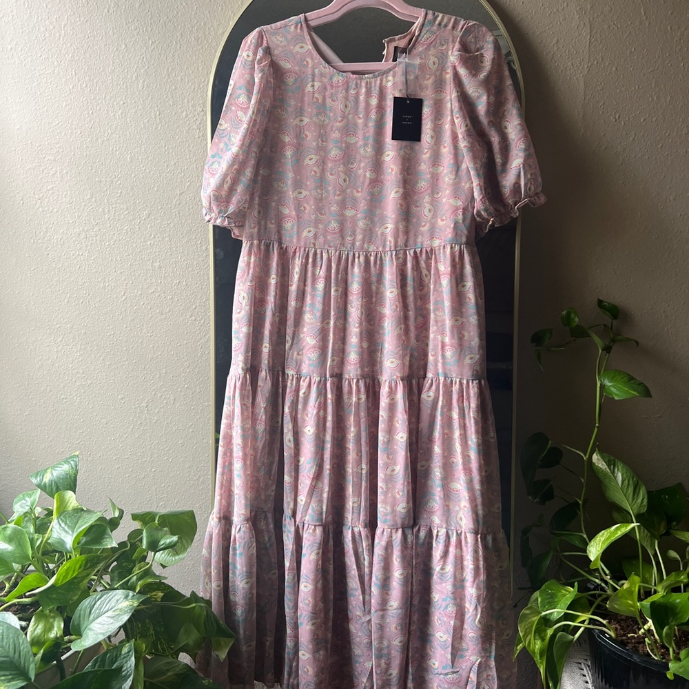 NWT CodexMode pink floral tiered midi dress